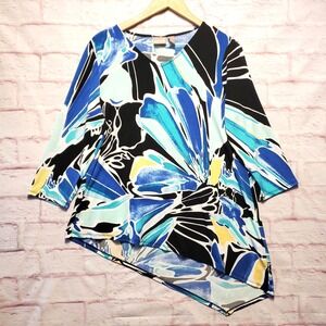 Chicos Artsy Shirt Womens Medium Blue Abstract Floral Asymmetrical Hem Tunic Top